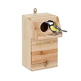 Relaxdays Nistkasten für Kohlmeise & Gartenrotschwanz, mit Reinigungsklappe, Holz, Vogelnistkasten zum Aufhängen, Natur, 1 Stück