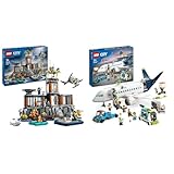 LEGO City Passagierflugzeug Spielzeug-Set, großes Flugzeug-Modell & City Polizeistation auf der Gefängnisinsel, Polizei-Spielzeug mit Hubschrauber