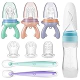 PandaEar Baby Besteck Set- 3 Baby Fruchtsauger Schnuller mit Silikon Sauger in 3 Größen + 2 Weiche Baby Fütterlöffel + 1 Fruchtsauger Baby Getreide Fütterungs Flasche, Weiches Safe BPA-frei