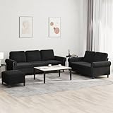Gecheer Sofagarnitur 3-TLG.Sessel Couch mit Kissen Fußhocker,Liegesofa Sofa Wohnzimmersofa mit Armlehnen, Couchgarnitur Designsofa Sitzmöbel Polstermöbel, Schwarz Samt