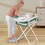 Baby Badewanne mit Gestell, Faltbare Babywanne mit Thermometer, Badekissen und mit Badekappe, Ablaufsystem (Grün, 55x40x91 cm)