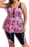 Hanna Nikole Damen Große Größe Tankini Set Weibchen Übergröße Push Up Tankini Bauchweg Badekleider Rote Tropische Blätter 54