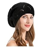 2025 Weiche luftige Baskenmütze aus Strick mit Cut-Out leicht lässig gehäkelt Damen Filzhut (Black One Size)