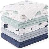 Susurration Mulltücher Baby Spucktücher,5er-Pack 100% Baumwolle Spucktücher Baby für Jungen und Mädchen, Weich, Atmungsaktiv und Extrem Saugfähig Musselin 60x60cm (Blauer Druck)