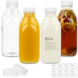 DHSBTLS Glas-Milchflaschen mit Deckel, wiederverwendbar, Glas-Milchbehälter für den Kühlschrank zur Aufbewahrung von frischer Milch, luftdichtes, robustes, transparentes Saftglas für Saft, Honig