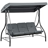 Outsunny 2 in 1 Hollywoodschaukel mit Liegefunktion 3-Sitzer Gartenschaukel mit verstellbarem Sonnendach, Schaukelbank belast bis 240kg, Gartenliege für Garten, Terrasse, 195x117x175 cm, Dunkelgrau
