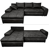 Vintage Ecksofa mit Schlaffunktion und Bettkasten B266/T186/H90 cm, Wellenunterfederung, Ottomane links, gemütliche Lounge Couch mit Mikrofaser-Stoff in Leder-Optik Schwarz / 18016