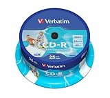 Verbatim CD-R AZO Wide Inkjet Printable 700 MB, 25er Pack Spindel, CD Rohlinge, 52-fache Brenngeschwindigkeit mit langer Lebensdauer, leere CDs bedruckbar, Audio CD Rohling