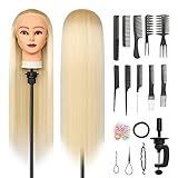 Trainingsköpfe, 28 inch Übungskopf Frisierkopf Friseur 100% Synthetikfaser-Haar Styling Kopf Frisierkopf für Frisöre mit kostenloser Klemme und DIY Flechtset(Blond)