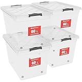 ATHLON TOOLS 4x 60 L Aufbewahrungsboxen mit Deckel, lebensmittelecht - Verschlussclips - 100% Neumaterial Plastik-Box transparent - Kleiderboxen stapelbar…