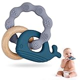 Vicloon Beißring für Babys, Beißring Spielzeug aus Silikon und Holzringe, Baby Zahnungshilfe BPA-frei, Schmerzlindernde Zahnen Nursing Zubehör für ab 3 Monaten Babys(Wal Blau)