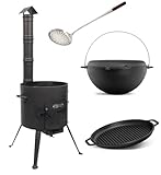 SET Kukmara Uchag Utschak mit Abzugs-Rohr 40cm mit BRIZOLL 15 Liter Kasan Kazan aus Gusseisen + GRILL Pfannendeckel Feldküche Gulaschkessel FeuerOfen Outdoor dutch oven Uchak + Schaumlöffel