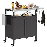Outsunny Grillwagen 3-Etagen klappbar Servierwagen mit Arbeitsfläche Schrank Haken Räder, BBQ Grilltisch aus Edelstahl, Outdoor Rollwagen, Holzkohlegrill für Garten, Grill, 116x50x93cm Schwarz