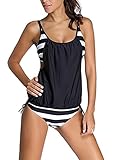 Aleumdr Tankini Damen bauchweg Bademode Set zweiteilig Push up mit Einstellbarer Bikinislip Tankini Top Soft Cups, Schwarz gro?e Streifen, Large(EU44-EU46)