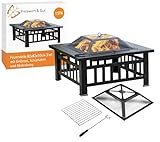 Preiswert&Gut Feuerschale mit Funkenschutz 3in1 in edler Steinoptik – Feuerstelle Terrasse als Grill und Eiskübel, wetterfest mit Schürhaken & Abdeckung 81x81x50 cm Feuerkorb für den Garten