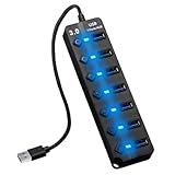 7 in 1 USB Hub 3.0 mit Einzel-Schaltern und 26cm Kabel, USB Verteiler PC für MacBook, PS4, Surface Pro, USB Multiport Externe Festplatten, Hub PC Splitter Mehrfach Adapter mit LED-Anzeigen