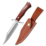 Omesio Bowie Messer mit Leder Scheide Outdoor Jagdmesser Messer klein scharf Buschcraft Messer scharf für Camping Angeln Jagt, Holzgriff