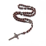 Katholisches Kreuz Rosenkranz Unisex Halskette, Naturholz Gebetskette mit Medaille Kreuz Jesus Christus Heiliger Benedikt, für katholische Christen Religiöse Kommunion, Taufe, Messe, Bibel