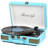 Plattenspieler 3 Geschwindigkeiten Bluetooth Tragbarer Koffer-Vinylspieler mit eingebauten Lautsprechern Plattenspieler Verbesserter Audio Sound PU Leder Vintage Blau
