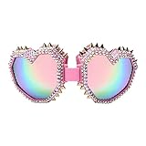 Herzförmige Sonnenbrille, modische Punk-Brille, Übergröße, Liebesbrille für Damen und Herren, mit Farbverlaufslinse, lustige Brillengläser (rosa/bunt verspiegelte Gläser), Diamantrosa/bunt