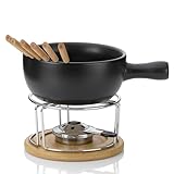 Kela Käsefondue Set 10tlg, Keramik Fondue für 6 Personen NATURA, Käse Fondueset mit Brennpastenhalter, Gabeln, Gabelhalter, schwarz, 10-teilig