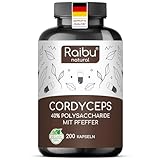 Raibu Cordyceps Kapseln - 200 Kapseln - 21000 mg Pilz-Extrakt pro Tagesdosis (10:1) - 40% Polysaccharide - Cordyceps Sinensis mit schwarzem Pfeffer