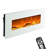 GLOW FIRE Elektrokamin mit Heizung und Kaminfeuer (Wandkamin) - elektrischer Kamin mit LED-Licht, Heizlüfter, Deko & Fernbedienung - zum Aufhängen an der Wand, max. 1500 W - Weiß, 126 cm