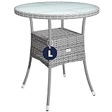 Casaria® Gartentisch Polyrattan Wetterfest Rund Klein 60cm Grau Glas Tischplatte 80kg Belastbar Outdoor Terrasse Balkon Bistro Tisch Beistelltisch