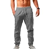 Herren Leinenhose Lang Leicht Sommerhose Loose Fit Freizeithose für Urlaub Strand Alltag