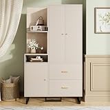 Merax Kleiderschrank Kompaktgarderobe Flurgarderobe Dielenschrank mit gepolsterten Paneelen, Wandschrank und Schuhschrank, Garderobenschrank,Schubladen,Beige,186x110x38cm (H/B/T)