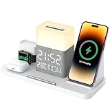 Induktive ladestation,6 in 1 Wireless Charger mit Uhr,ladestation mehrere geräte,Nachtlicht,Bluetooth Zeitsync und Temperatur,30W Schnellladegerät für iPhone 15/14/13/12/11 Alle Serien/AirPods/iWatch