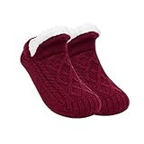 Damen Warme Kuschelsocken, Pantoffelsocken für Männer Halten Socke Nicht Rutschen Gestrickt Dick Sherpa Fleece Gefüttert Winter Flauschig Bett Hausschuhe Geeignet für Indoor Haus Boden (M, Rot)