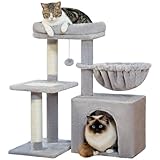 PAWZ Road Kratzbaum, Kleiner Katzenturm [73cm] mit großer Hängematte, 2 Arten von Katzen Aktivität Baum mit Sisal Katze Kratzbaum, interaktive Danging Ball für Indoor-Katzen, Grau