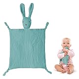 Vicloon Schmusetuch, Kuscheltuch mit Hase-Köpfchen,Doppellagiger Tüll aus 100% Bio-Baumwolle,Baby Geschenk zur Geburt Junge & Mädchen-Blau