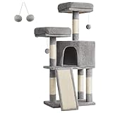 Feandrea Kratzbaum klein, Katzenbaum mit Kratzbrett, Plattformen, für Katze, weicher Plüsch, 115 cm, vollständig mit Sisal umwickelte Säule, hellgrau PCT141W01