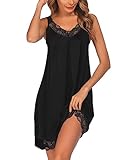 Ekouaer Damen Nachthemd Ärmellos Chemise Nachtwäsche Sexy Lose Full Slips Spitze Negligee V-Ausschnitt Nachtwäsche Soft Jersey Dessous Schwarz XXXL