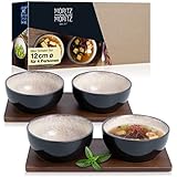 Moritz & Moritz VIDA 4x Miso Schüssel Set 12 cm Ø - Japanisches Geschirr Set aus Keramik und Sandelholz für Miso Suppe, Dip und Snacks - Mit Serviertablett