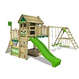 FATMOOSE Spielturm Klettergerüst MightyMansion Move XXL mit SurfSwing, Schaukel & apfelgrüner Rutsche, Outdoor Kinder Kletterturm mit Sandkasten Leiter & Spiel-Zubehör für den Garten