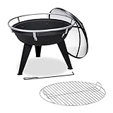 Relaxdays Feuerschale mit Grillrost, Funkenschutz & Schürhaken, D: 55 cm, Garten Feuerstelle, Feuerkorb Metall, schwarz