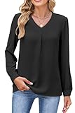 Teesho Damen Bluse Langarm aus Chiffon | Business Hemd mit V-Ausschnitt | Elegantes Oberteil für Büro & Abend | Leichte Tunika Bluse Damen(Schwarz/M)