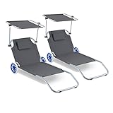 Ansobea 2X Sonnenliege klappbar mit Rollen,Aluminium Sonnenliege mit Sonnendach und Rückenlehne Verstellbar für Camping Freizeit Garten Strand (grau)