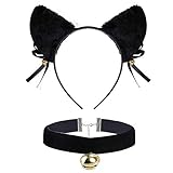 FLOFIA Katzenohren Haarreif, Glöckchen Halskette Katze Cosplay Set Katzenkostüm cat Ears Cosplay Katzenohren Haarschmuck Haarband Stirnband Karneval Party Kostüm Set für Kinder und Erwachsene Schwarz