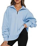 FANGJIN Damen-Sweatshirt Einfarbig Pullover Damen 1/4 Zip Oversized Mode Sweatshirt Herbst Plüsch Tops Himmelblau M