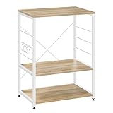 WOLTU Küchenregal Standregal Mikrowellenhalter Bäcker Regal Metallregal aus Holz und Stahl, mit 3 Ablagen, ca. 60 x 40 x 82 cm, Weiß + Hell Eiche