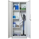 PROREGAL Putzmittelschrank Rhino Metall 2 Türen abschließbar Besenschrank schmal 170x70x30cm 5 Fächern & Kleiderstange Stahl Weiß Putzschrank Mehrzweckschrank Haushaltsschrank Flügeltürenschrank