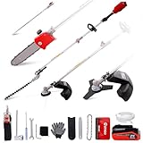 OUTIGO Akku- Langstieliges Multifunktionales Gartengerät, 4in1 - Rasentrimmer Kettensäge Motorsense Heckenschere, mit 1.2m Verlängerung und 1 * 4A-Batterie
