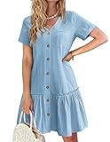 Hotouch Kleid für Damen Leinen Sommer Blusenkleid Button Down Strandkleid Elegant Kurzärm Sommerkleid Knielang Tunika Kleid T Shirtkleid Hellblau L