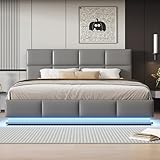 Polsterbett, 180 x 200 cm, Multifunktionsbett mit LED-Beleuchtung und Hydraulikbehälter, PU-Stoff, hellgrau (Matratze nicht im Lieferumfang enthalten)