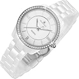 GUANHAO Weiße Keramik Damenuhr, Keramik Uhr Damen Weiss mit Diamanten, Wasserbeständigkeit Einfache Lässige Quarz Weiss Uhren für Frauen