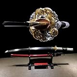 TIANTAO 103cm Handgefertigtes Katana,T10-Stahl bedeckt mit Erde brennende Klinge,Naturholz-Scheide,Handschützer aus Zinklegierung,Echte Japanisches Samurai Schwert für Cosplay,Dekoration,Sammlung